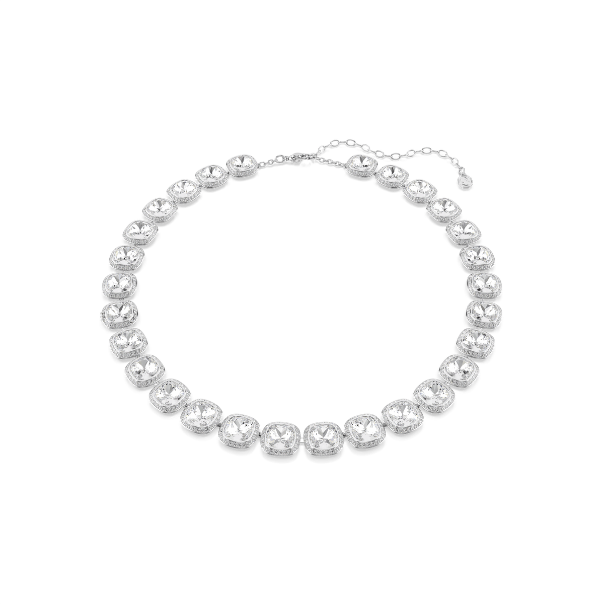 The Swarovski Una Angelic necklace showcases large, cushion-cut white gemstones set in rhodium-plated bezels and evenly spaced along the chain. Featuring an adjustable clasp, this refined design from Swarovski evokes the shimmering elegance of pavé jewelry.