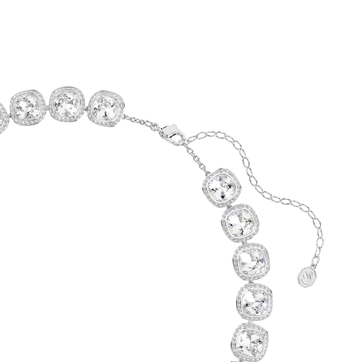 A close-up of the Swarovski Una Angelic necklace, featuring cushion-cut white gemstones arranged in a row and finished with an adjustable rhodium-plated chain and clasp, displayed on a plain white background.
