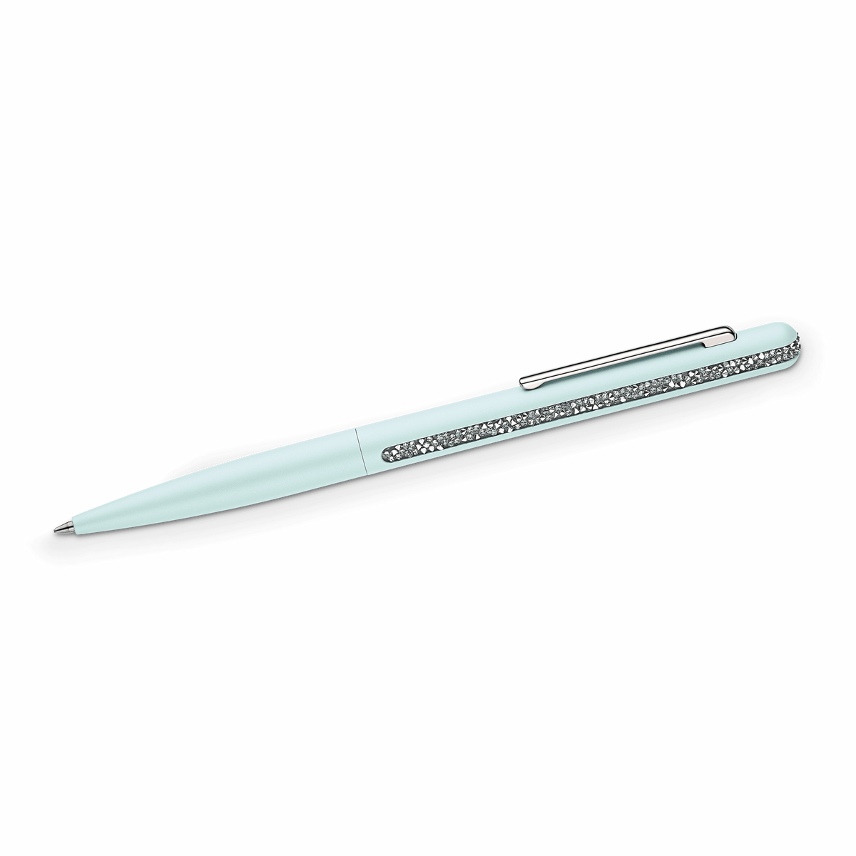 A green Swarovski SS Shimmer ballpoint pen featuring a silver clip and a row of decorative Swarovski crystals along the barrel, set against a white background, as featured by Raffi Jewellers and available through Swarovski Canada.
