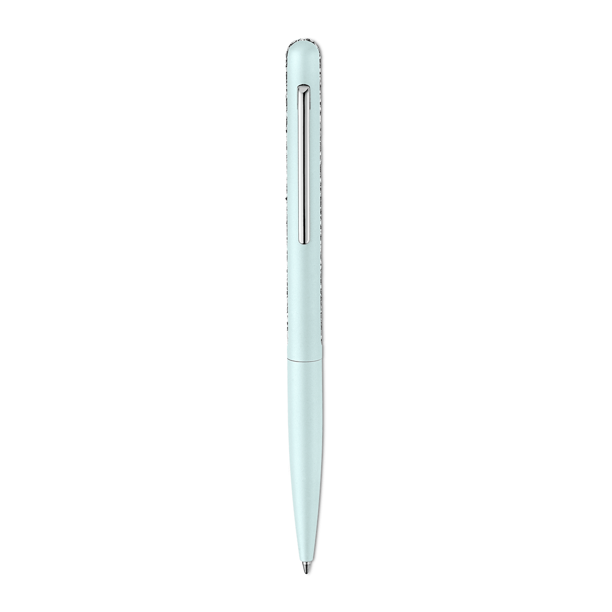 A slim, green Swarovski SS Shimmer ballpoint pen with a silver clip, photographed vertically on a plain white background.