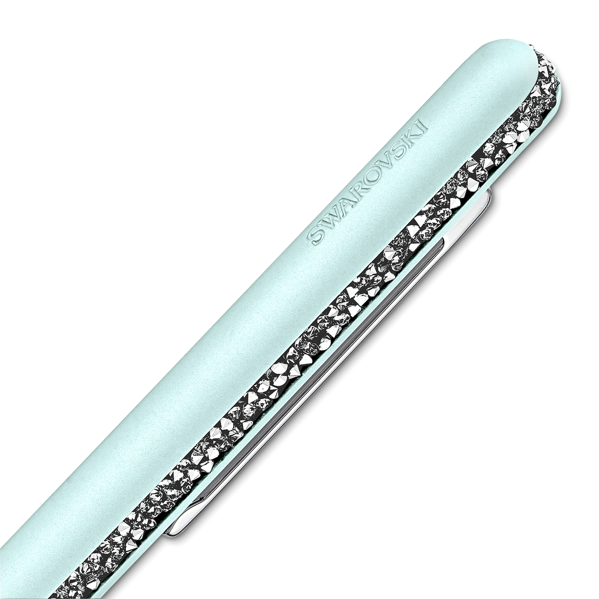 Close-up of the Swarovski SS Shimmer Ballpoint Pen in green, featuring Swarovski crystals embedded along the clip and “SWAROVSKI” engraved on the cap—available at Raffi Jewellers, your trusted source for Swarovski Canada.