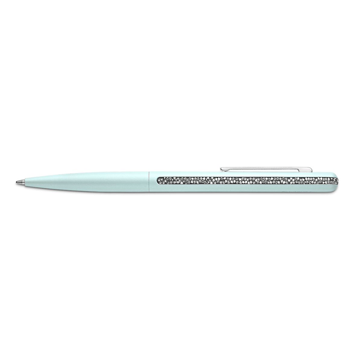 A green Swarovski SS Shimmer ballpoint pen with a silver clip and a row of small decorative crystals along the barrel, displayed on a plain white background. Available at Raffi Jewellers, an authorized retailer of Swarovski Canada.