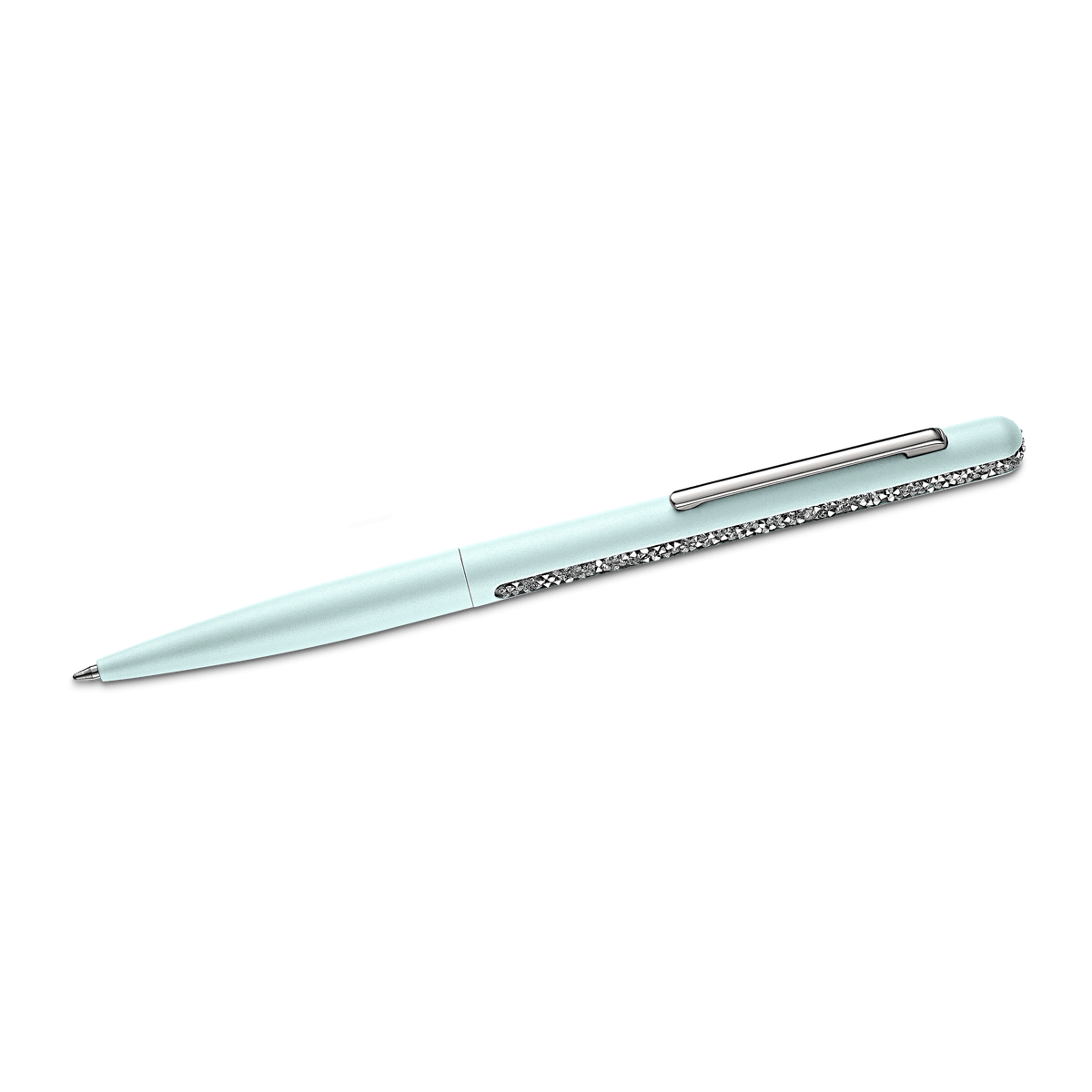 A stylish green Swarovski SS Shimmer ballpoint pen with a sparkling silver-patterned grip and sleek silver clip, displayed on a white background—an elegant writing accessory available at Raffi Jewellers, an authorized retailer of Swarovski Canada.