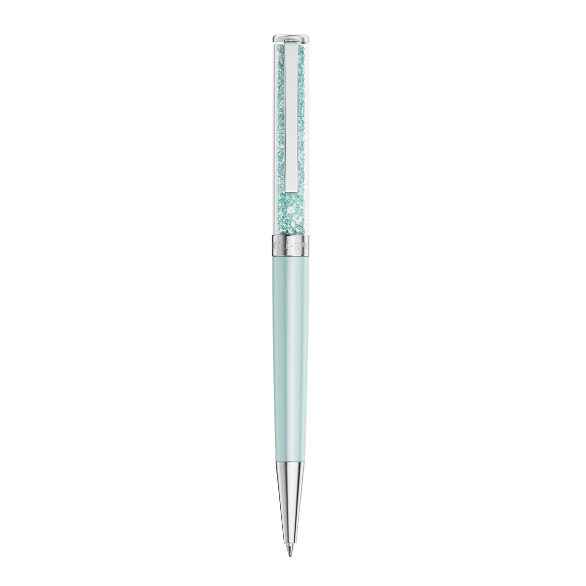 A light green Swarovski SS Crystalline ballpoint pen with a silver tip and a cap filled with sparkling crystals, set against a plain white background—a timeless accessory offered by Raffi Jewellers.