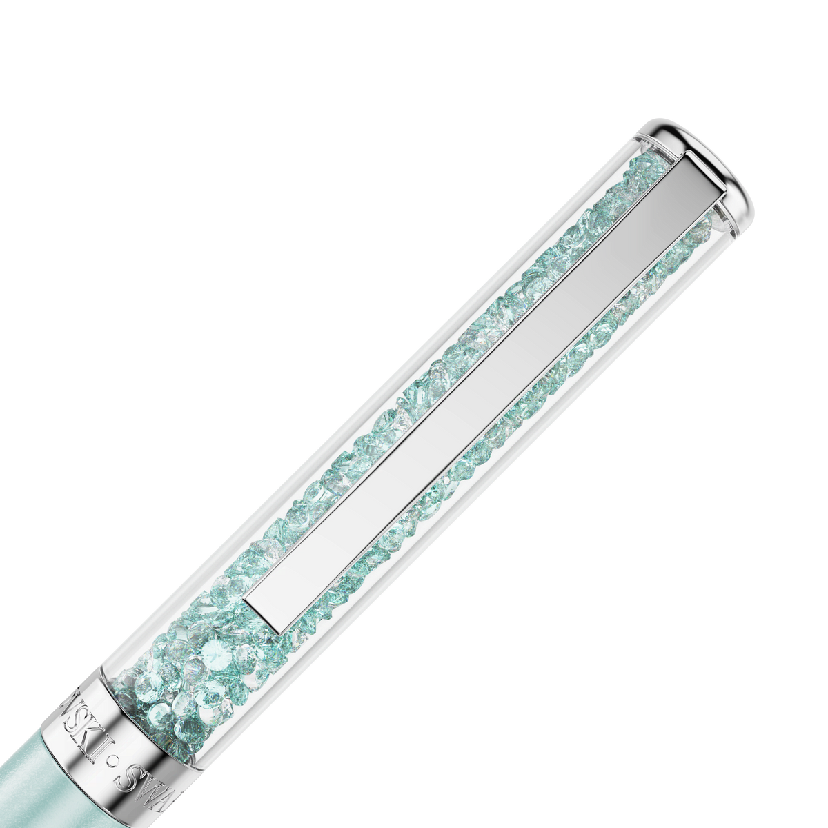 A close-up of a Swarovski SS Crystalline BP Pen in light green, featuring a clear cap filled with small, light green crystals and sleek silver accents, showcased elegantly on a white background—an exquisite accessory from Swarovski.