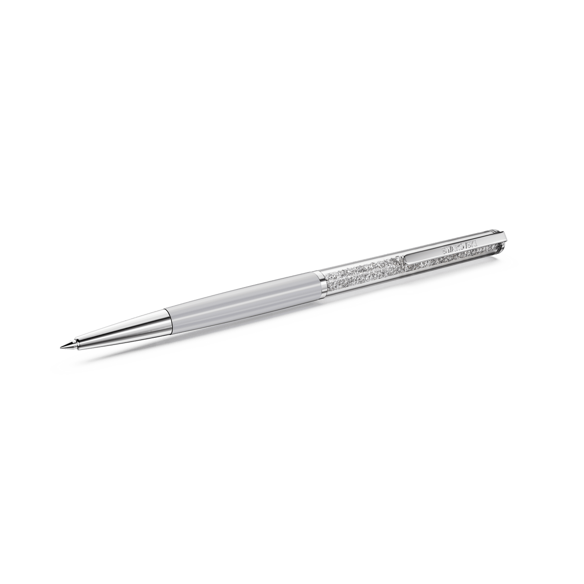 The Swarovski SS Crystalline Ballpoint Pen, featuring a stunning silver-grey finish with crystal accents and a gleaming metallic clip, is displayed on a white background—an exquisite choice for aficionados of sophisticated writing instruments from Raffi Jewellers.