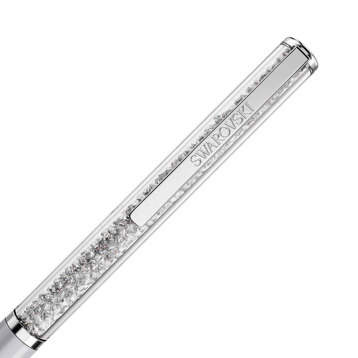A close-up of the Swarovski SS Crystalline Ballpoint Pen (CRY/GRY/SIS) showcases its silver pen clip adorned with small crystals and the brand name “Swarovski” engraved in the center. Available at Raffi Jewellers as part of the Swarovski Canada collection, this pen exudes an elegant and luxurious appearance.
