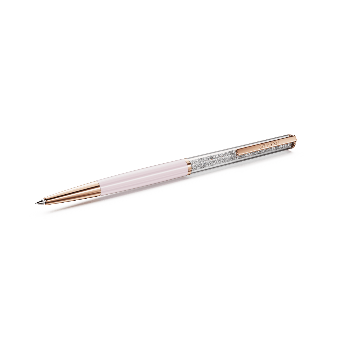 A Swarovski SS CRYSTALLINE ballpoint pen in Cry/Pink/Ros, featuring a pale pink barrel, gold accents, and a textured silver grip, is displayed on a plain white background.
