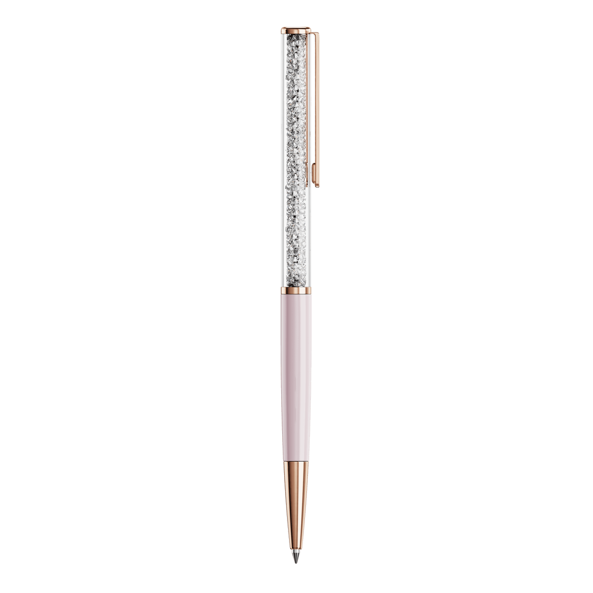 A Swarovski SS Crystalline ballpoint pen in pink and rose gold with a transparent upper barrel filled with small clear crystals, shown standing upright against a white background—available at Raffi Jewellers, an authorized retailer of Swarovski Canada.