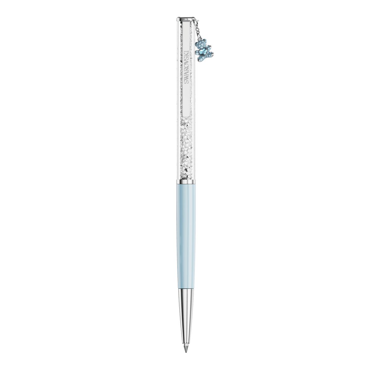 A slim ballpoint pen from Swarovski, featuring a light blue barrel, silver tip, and a clear section glittering with Swarovski crystals. Topped with a playful aqua teddy bear charm that brings whimsical elegance, this pen showcases the signature craftsmanship of Swarovski SS CRY:BP PEN TEDDY CH AQUA/CRY/SIS.