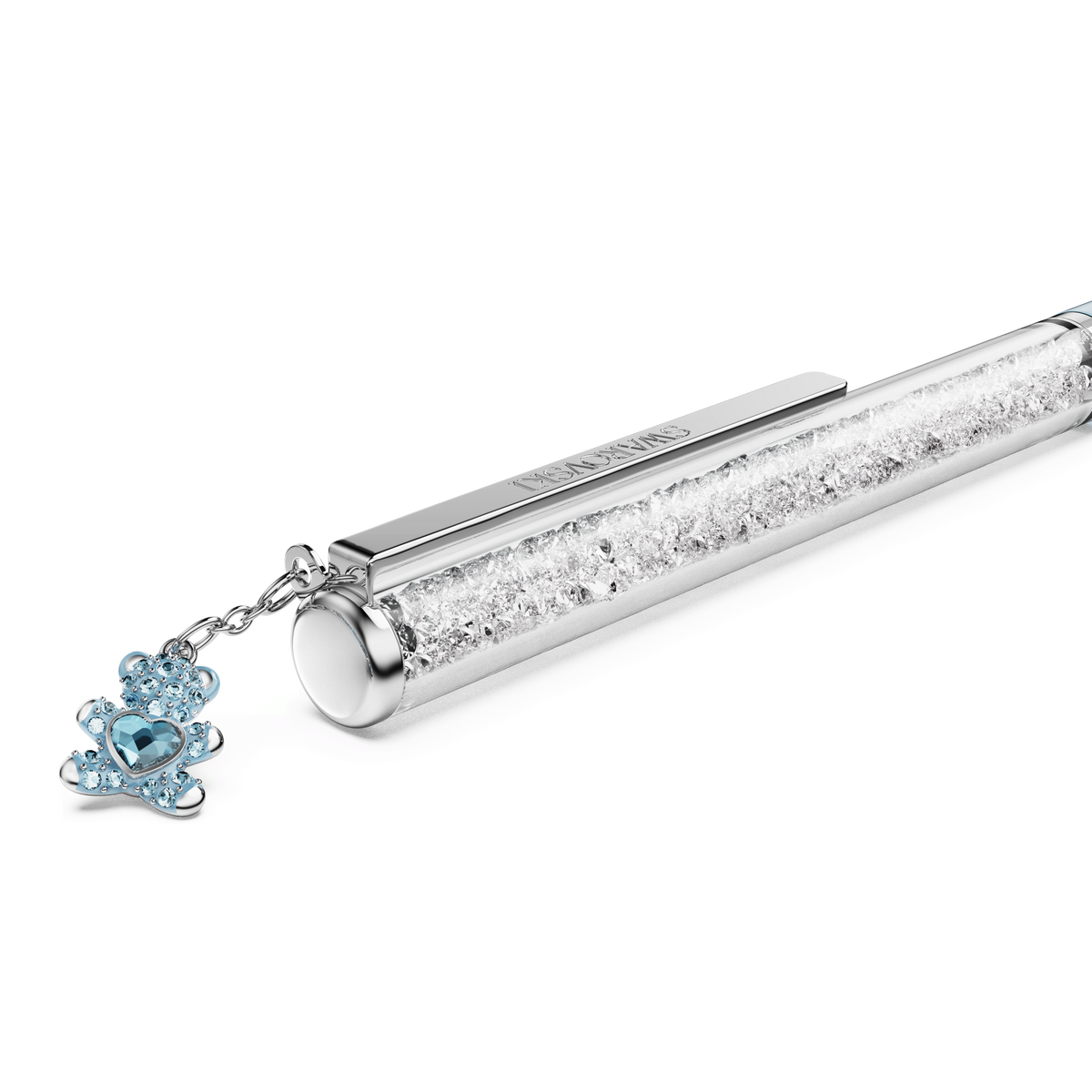 Introducing the Swarovski SS CRY:BP PEN TEDDY CH AQUA/CRY/SIS—a silver pen with a clear barrel filled with sparkling Swarovski crystals and adorned with a blue flower-shaped charm on a chain, perfect for adding a touch of elegance from Swarovski.