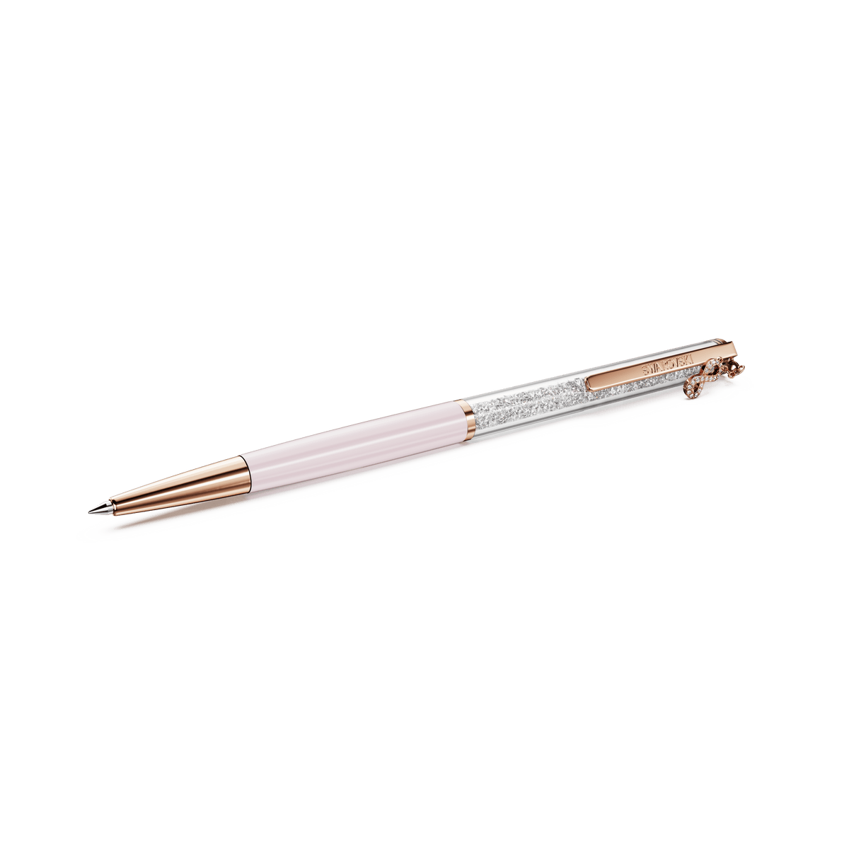 A Swarovski Crystalline Infinite ballpoint pen in pink and silver, featuring rose gold accents and a shimmering, textured upper barrel, is displayed on a white background.