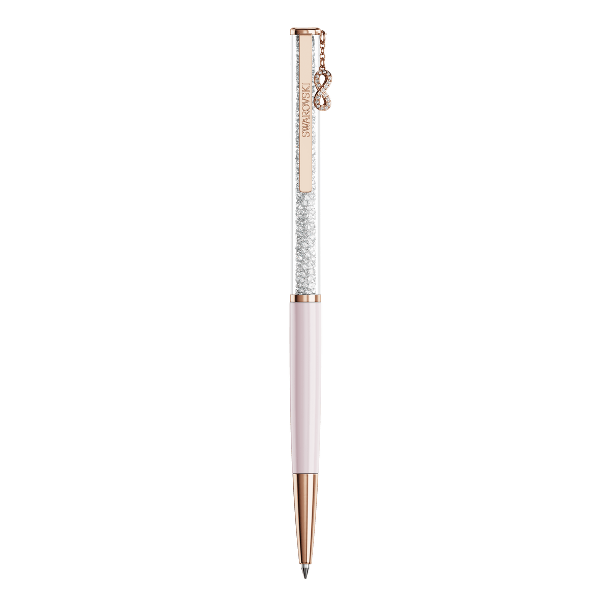 Experience refined sophistication with the Swarovski SS Crystalline Infinite Ballpoint Pen, featuring a rose gold tip, a pale pink barrel, and a clear upper section filled with sparkling crystals. A delicate charm gracefully hangs from the top, capturing the elegant glamour characteristic of Swarovski’s Crystalline Infinite designs. This exquisite pen makes a perfect addition to any writing collection or an unforgettable gift from Swarovski Canada.