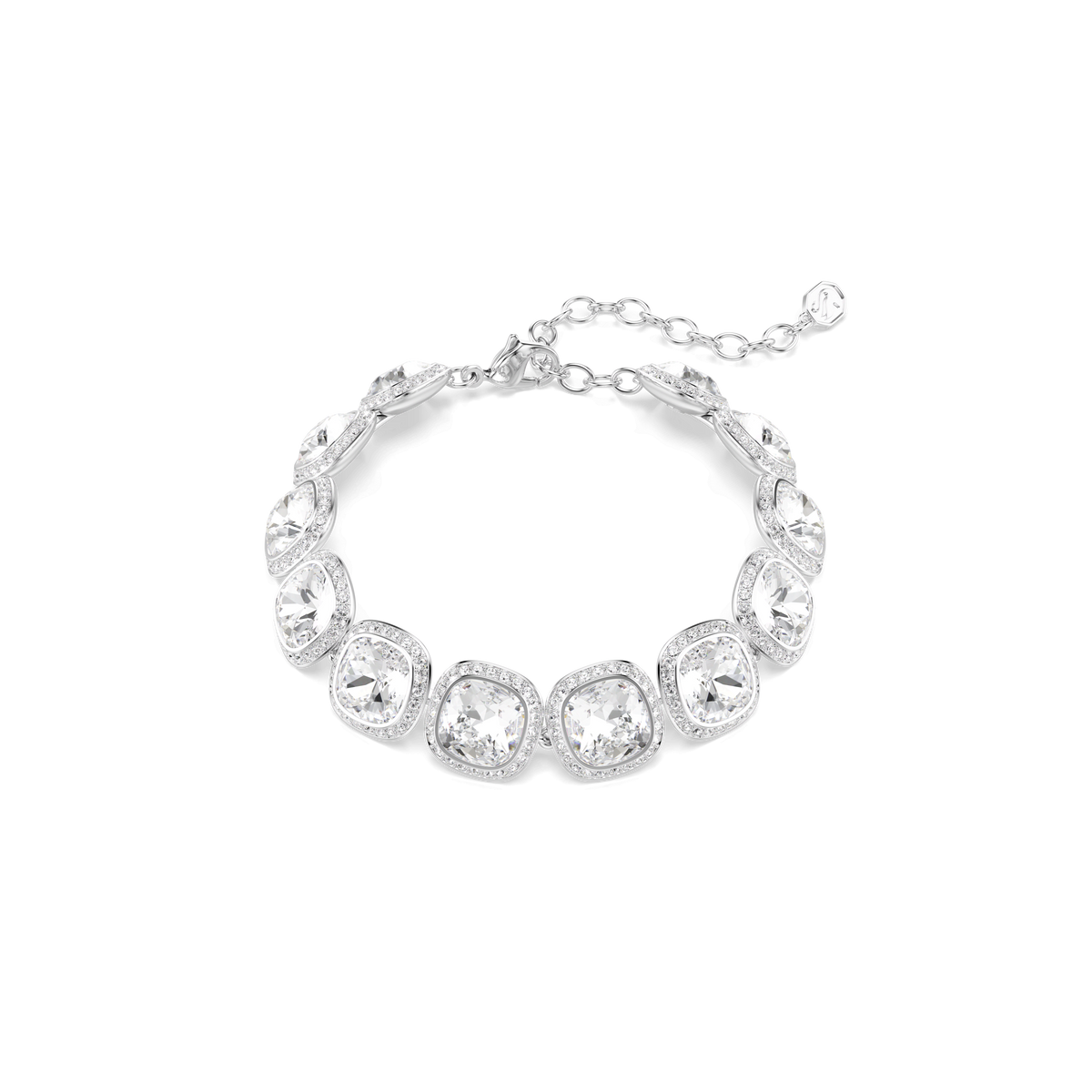 Introducing the Swarovski Una Angelic bracelet: a rhodium-plated piece showcasing large cushion-cut white crystals, each set individually and encircled by dazzling smaller stones for extra brilliance. Finished with an adjustable chain clasp, this Swarovski design is perfect for lovers of crystal jewelry.
