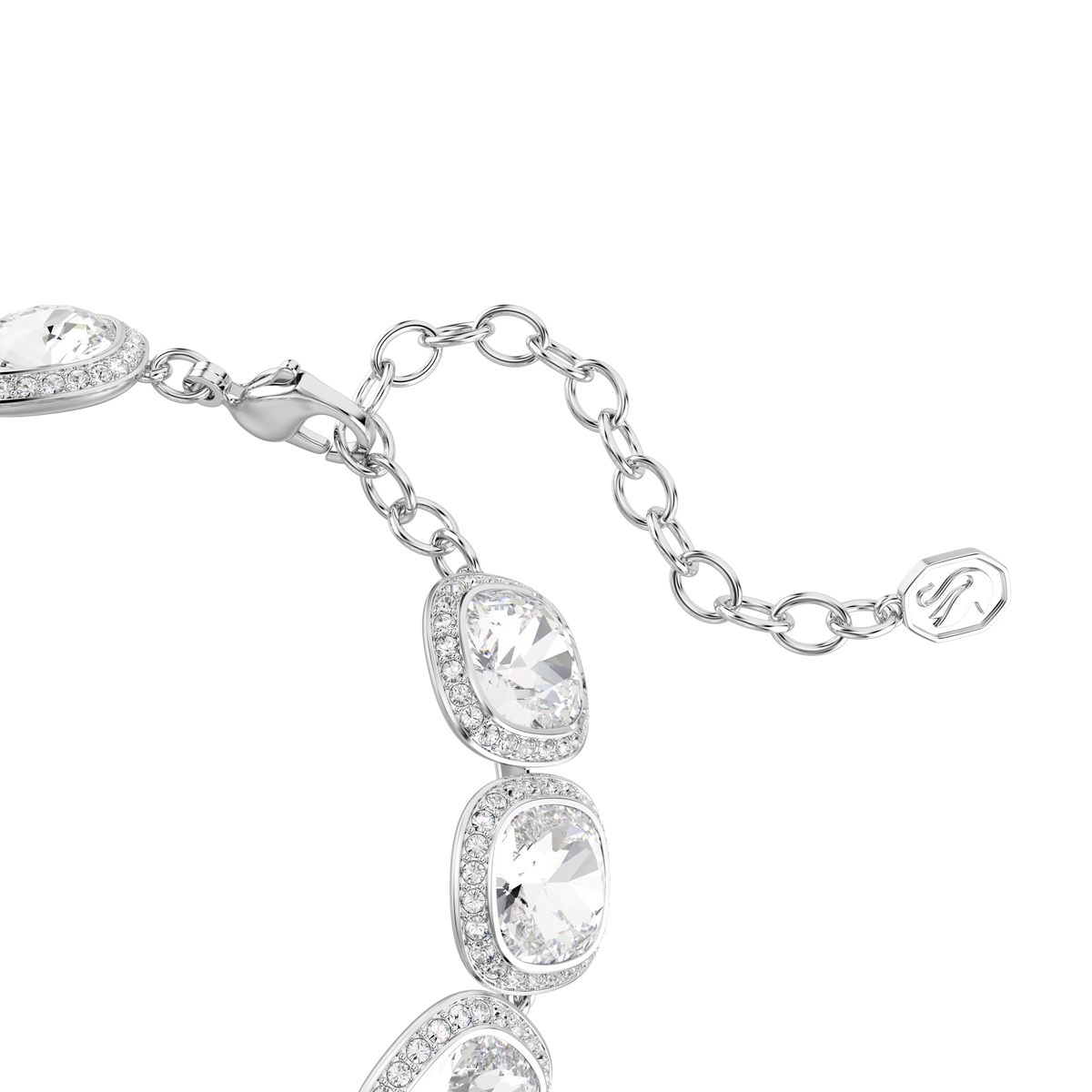 The Swarovski Una Angelic bracelet, featuring cushion-cut clear gemstones encircled by delicate crystals and finished with a rhodium-plated adjustable chain and lobster clasp, exemplifies refined crystal jewelry—beautifully showcased against a white background.