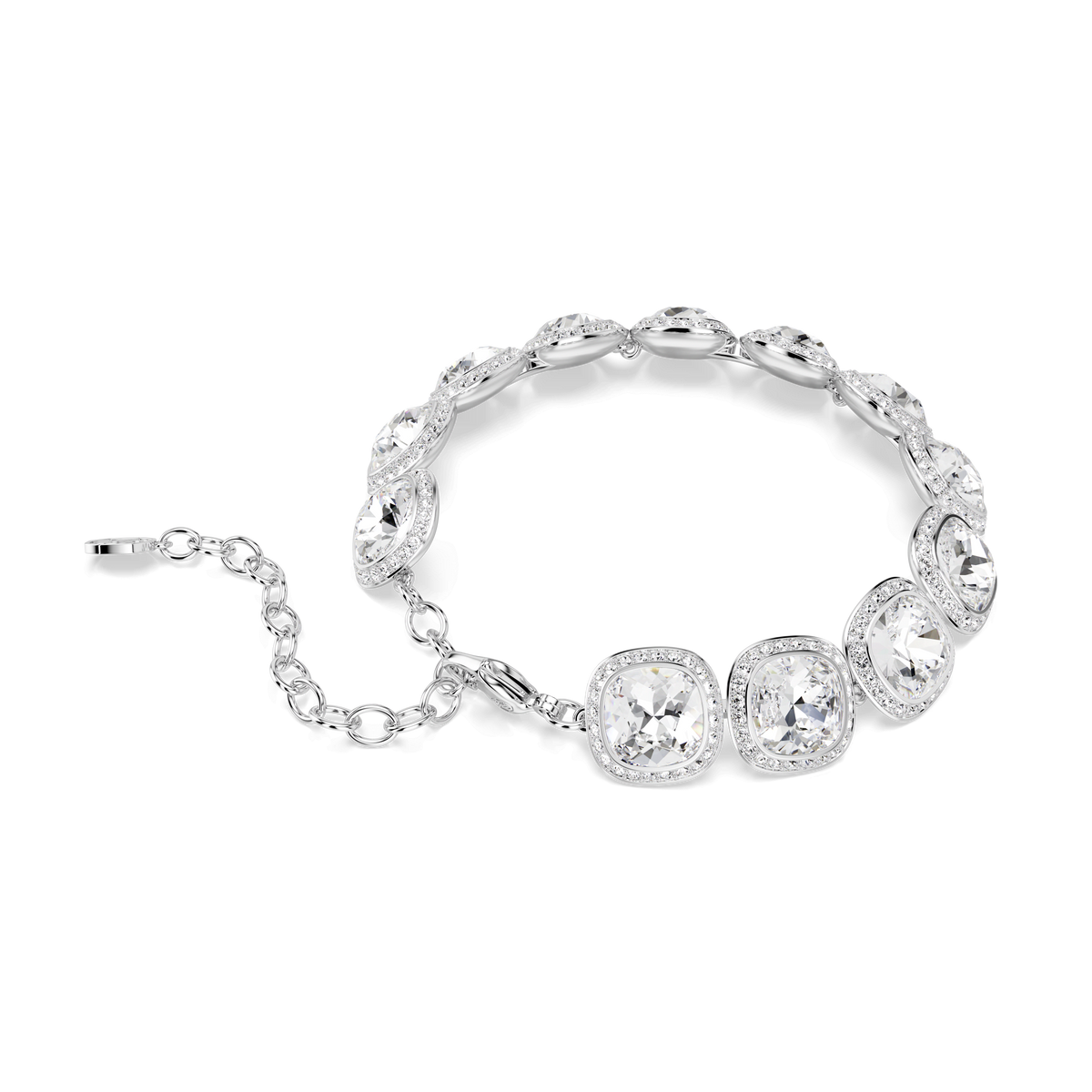 The Swarovski Una Angelic bracelet, featuring cushion-cut white crystals encircled by delicate sparkling stones and finished with a rhodium-plated adjustable chain clasp, exemplifies the timeless elegance of crystal jewelry and is presented on a white background.