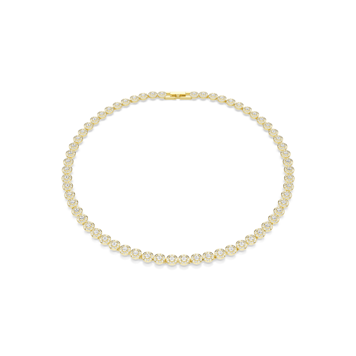 A Swarovski Una Angelic necklace, featuring a continuous row of small round-cut white crystals set along its length with an 18K gold finish, arranged in a symmetrical circular shape on a plain white background.