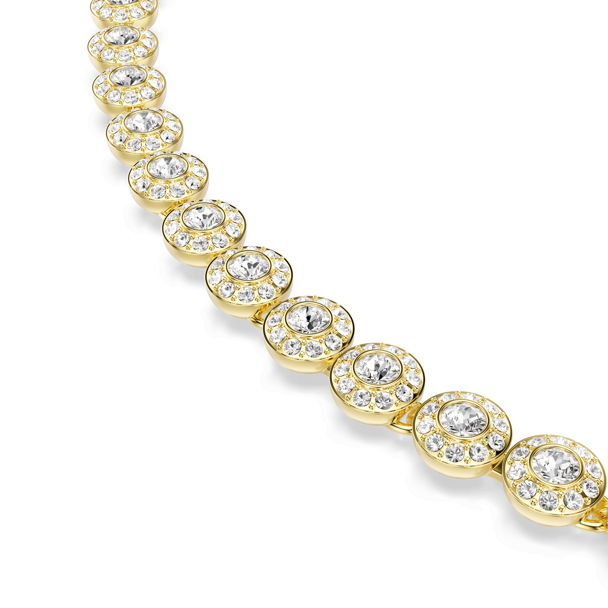 Close-up of the Swarovski Una Angelic necklace, featuring round-cut white crystals—each surrounded by smaller stones and set in an 18K gold finish—arranged in a repeating pattern against a white background.