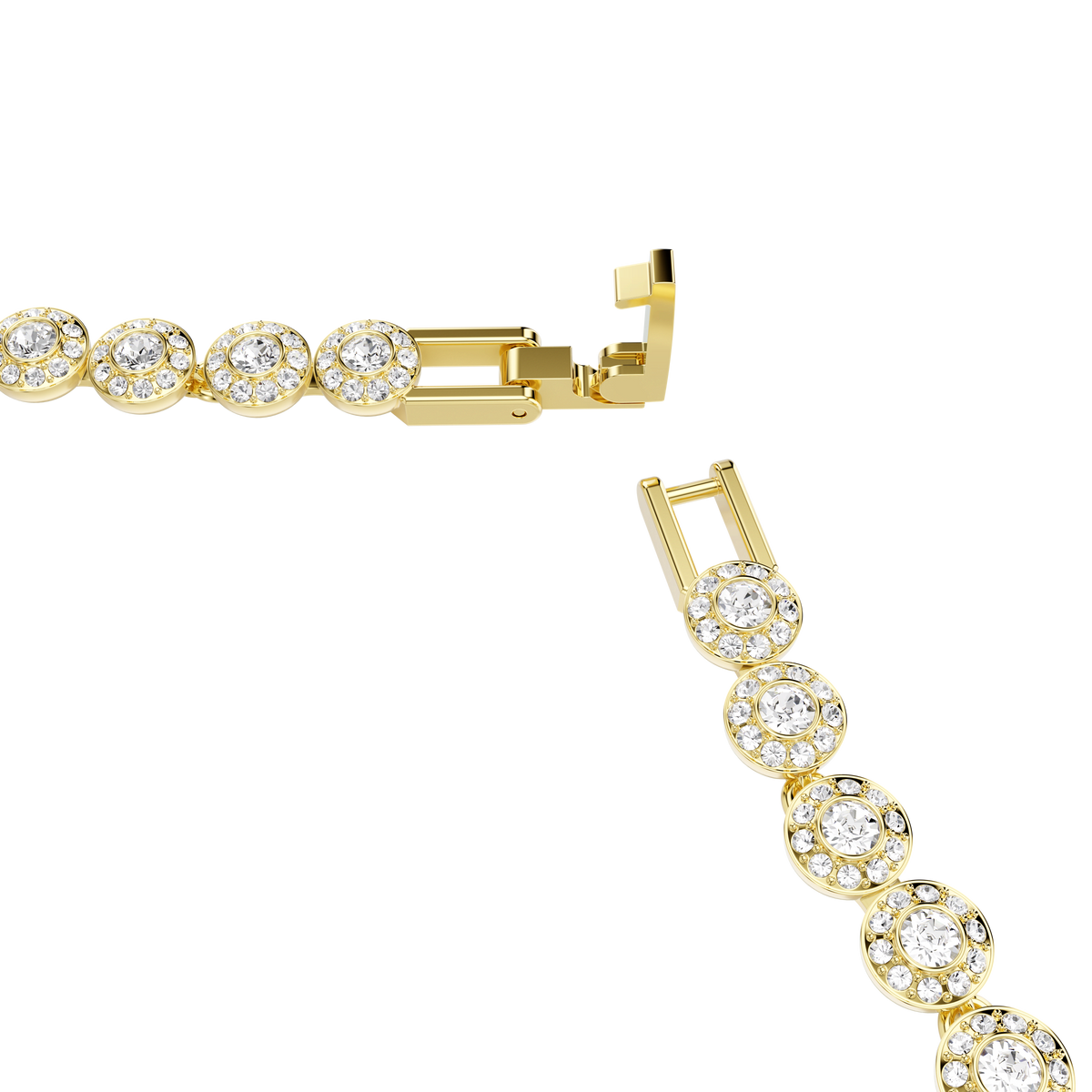 Close-up of the Swarovski Una Angelic necklace, featuring round-cut white crystals that resemble diamonds, displayed with its clasp open against a white background.
