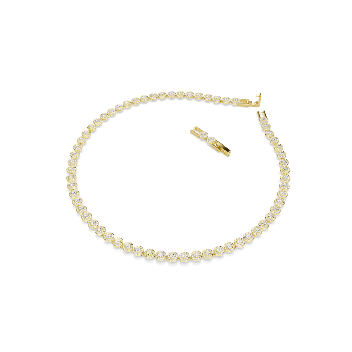 A Swarovski Una Angelic necklace with round-cut stones and an 18K gold finish is arranged in a circle on a white background, with its clasp open and visible.