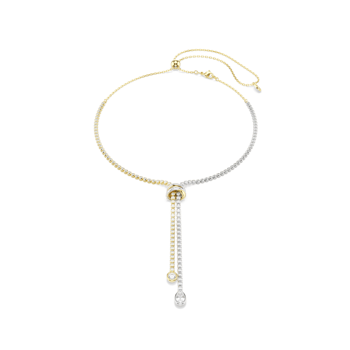 A Swarovski Hyperbola Y necklace, featuring a mixed metal finish with gold and silver tones, showcases a central knot clasp and two dangling strands, each adorned with a brilliant round-cut Swarovski Zirconia.
