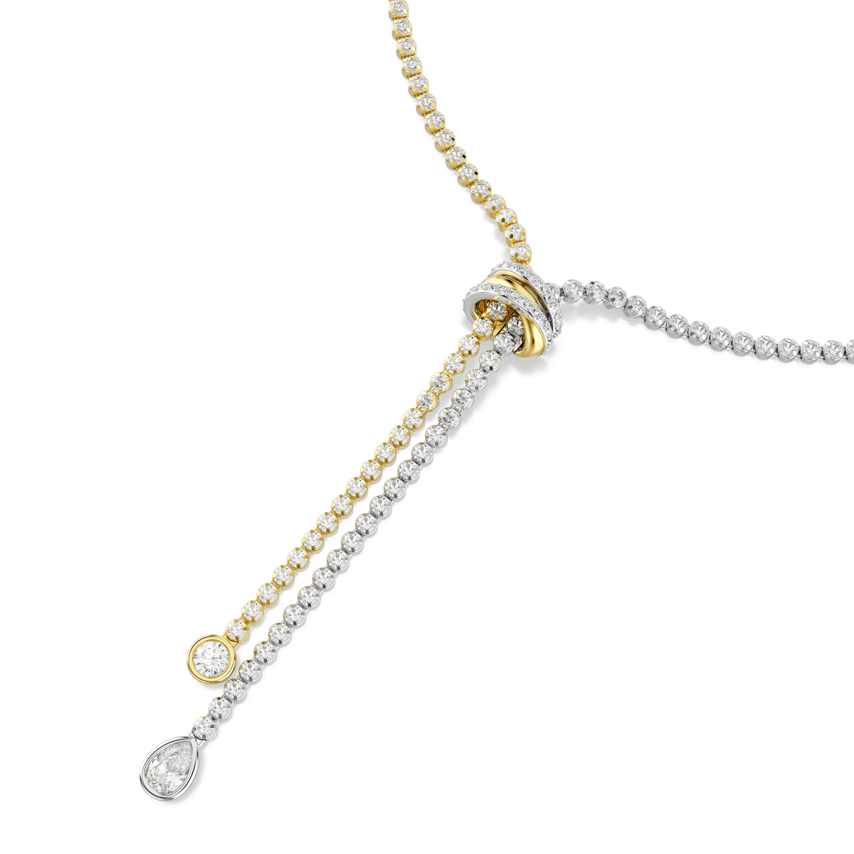 Swarovski’s Hyperbola Y necklace features a mixed metal finish with intertwined gold and silver chains, a central looped knot, and two elegant ends each adorned with a brilliant round-cut Swarovski Zirconia pendant.
