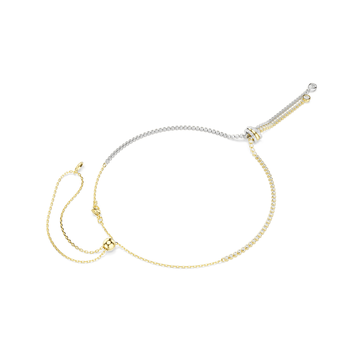 Introducing the Swarovski Hyperbola Y Necklace: a sophisticated piece of modern jewelry featuring round-cut accents and a knot design in a mixed metal finish, elegantly displayed against a plain white background.