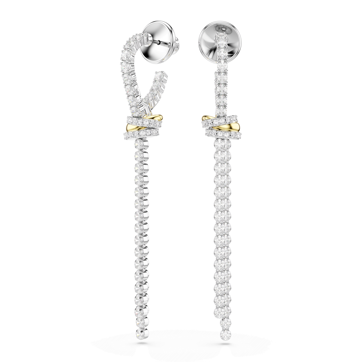 A pair of long Swarovski Hyperbola drop earrings in a mixed metal finish, featuring round-cut crystals and an elegant knot design with intersecting gold and silver tones near the top. These minimalist earrings combine curved and linear elements for a striking, sophisticated look, displayed against a white background.