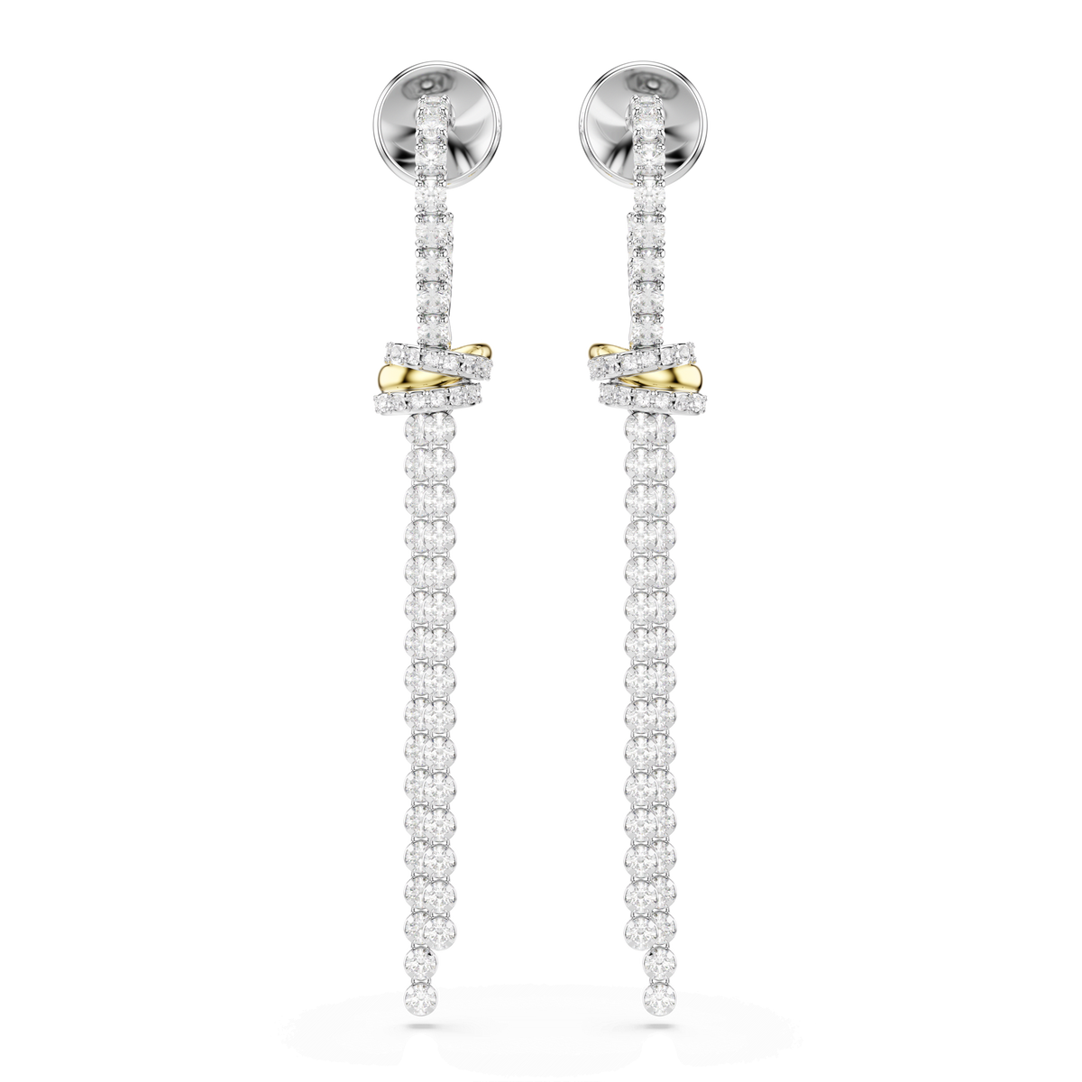 A pair of Swarovski Hyperbola drop earrings, featuring a round cut and elegant knot design with a mixed metal finish in white, elegantly displayed against a white background—an exquisite piece that perfectly embodies minimalist jewelry.