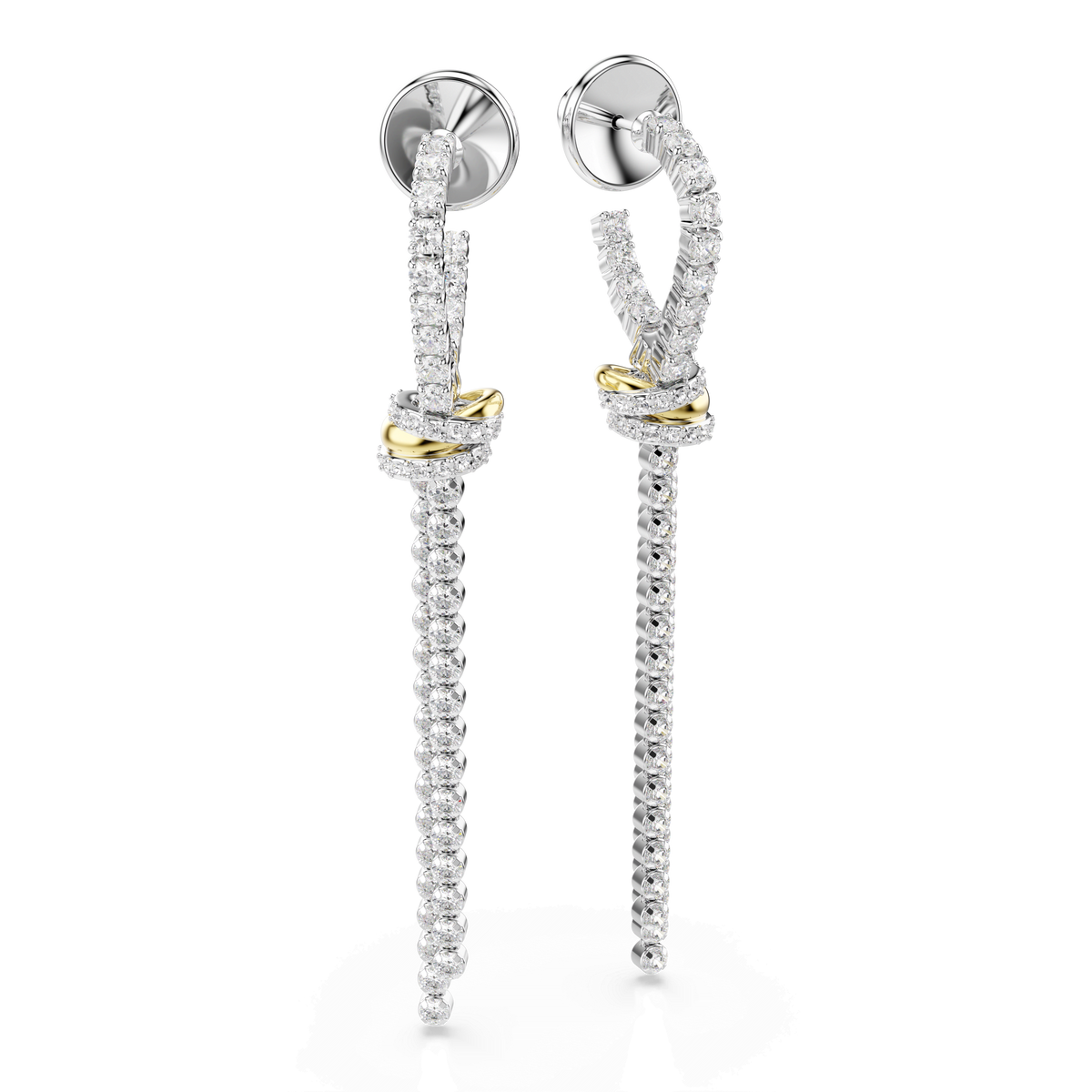 A pair of Swarovski Hyperbola drop earrings, featuring round cuts and an elegant knot design in a mixed metal finish, are displayed on a white background—these statement pieces effortlessly blend sparkling sophistication with minimalist jewelry allure.