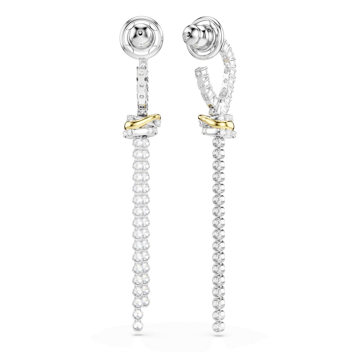 Introducing the Swarovski Hyperbola drop earrings: these elegant earrings feature rows of round-cut white stones exuding signature Swarovski brilliance, accented by an artful knot detail near the top in a mixed metal finish and fitted with a silver-tone post back—an ideal pick for lovers of minimalist jewelry.