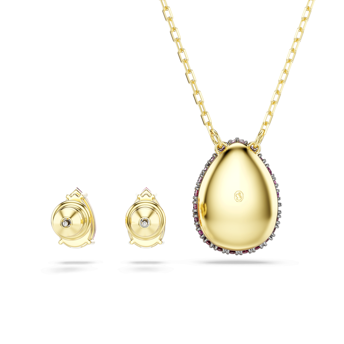 Swarovski Sublima set (2), featuring a pear-cut red pendant necklace with an 18K gold finish, paired with matching round stud earrings, all from Swarovski and displayed on a plain white background.