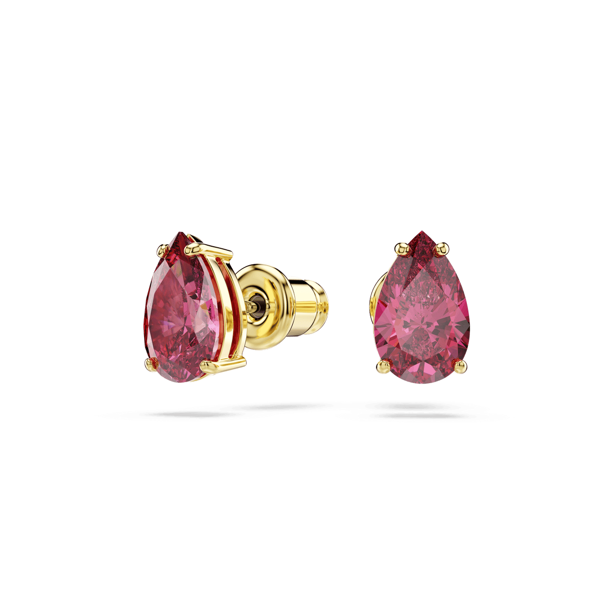 A pair of Swarovski Sublima stud earrings, featuring pear-cut red gemstones set in an 18K gold finish, beautifully crafted by Swarovski and displayed against a plain white background.