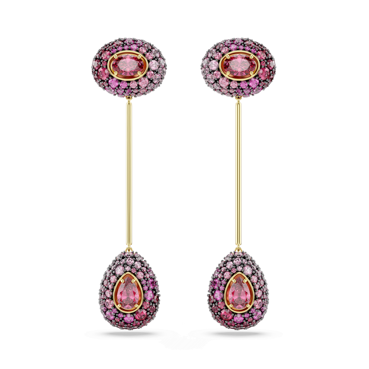 Crafted by Swarovski, the Sublima drop earrings feature pear-cut red stones set in an 18K gold finish, accented with sparkling pavé details of pink and purple tones. Infused with a touch of fantasy jewelry, these earrings dazzle with the brilliance of red Swarovski Zirconia and elevate any look.