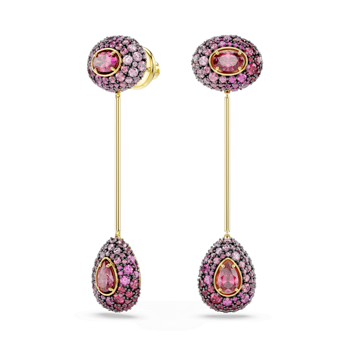 A pair of Swarovski Sublima drop earrings, featuring pear-cut red gemstones set in an 18K gold finish—an enchanting piece of fantasy jewelry.