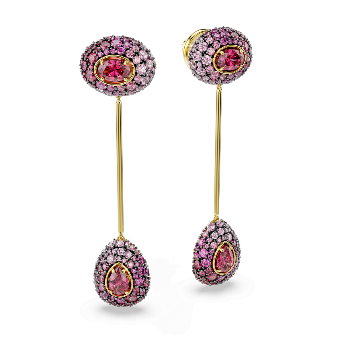 A pair of Swarovski Sublima drop earrings in a striking pear cut, featuring vibrant red stones set in an elegant 18K gold finish. Designed to enchant lovers of fantasy jewelry, these earrings bring a magical touch of sophistication to any ensemble.
