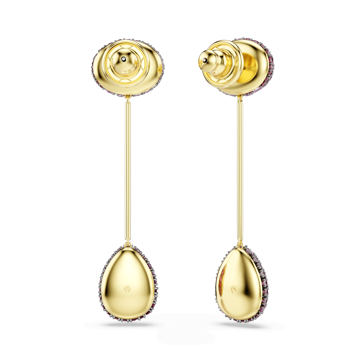 Swarovski’s Sublima drop earrings feature a fantasy jewelry-inspired design, crafted with an 18K gold finish and accented by pear-cut red Swarovski Zirconia pendants suspended from round tops, all connected by delicate vertical rods and elegantly showcased on a white background.