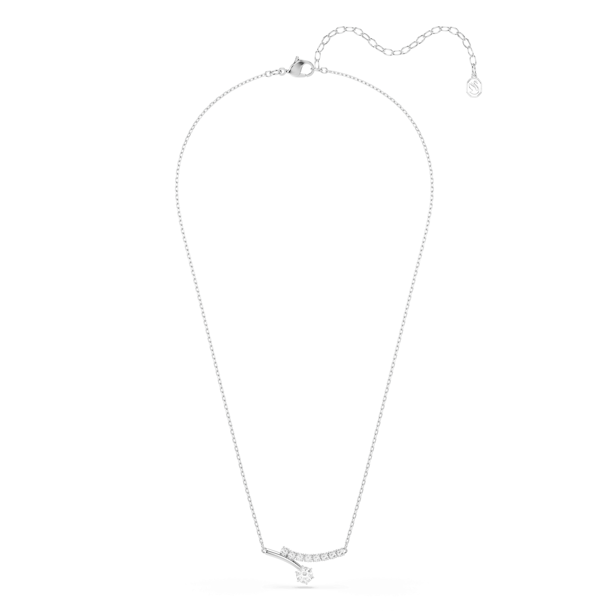 A delicate Swarovski Matrix necklace, featuring a round-cut white Swarovski Zirconia pendant with an elegant DNA-inspired design and an adjustable chain clasp, crafted in rhodium-plated metal by Swarovski and displayed on a white background.