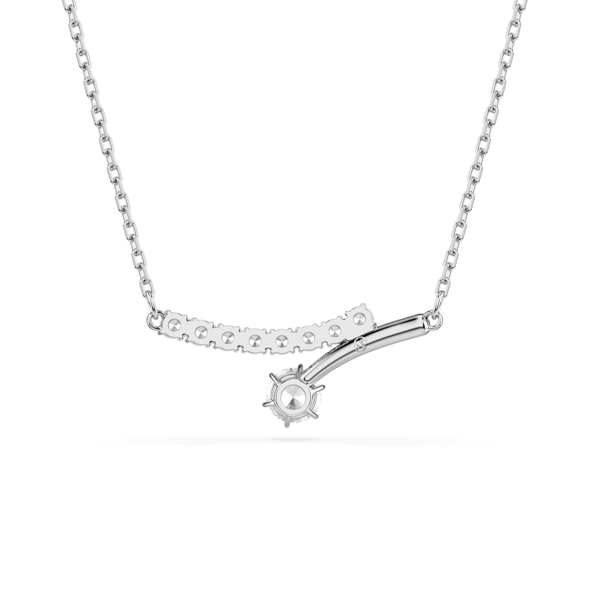 Swarovski Matrix necklace, Round cut, White, Rhodium plated, displayed on a white background. This elegant Swarovski piece features a DNA-inspired design with round-cut crystals and refined rhodium plating, adding modern sophistication to any look.