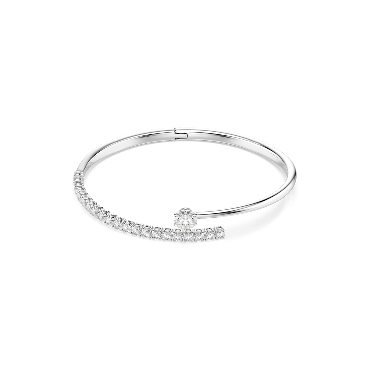 The Swarovski Matrix bangle, crafted with a round cut and finished in rhodium plating, showcases an elegant DNA-inspired design. A row of small, sparkling Swarovski stones twist gracefully along part of the band like a helix, ending with a larger central stone against a sleek white background.