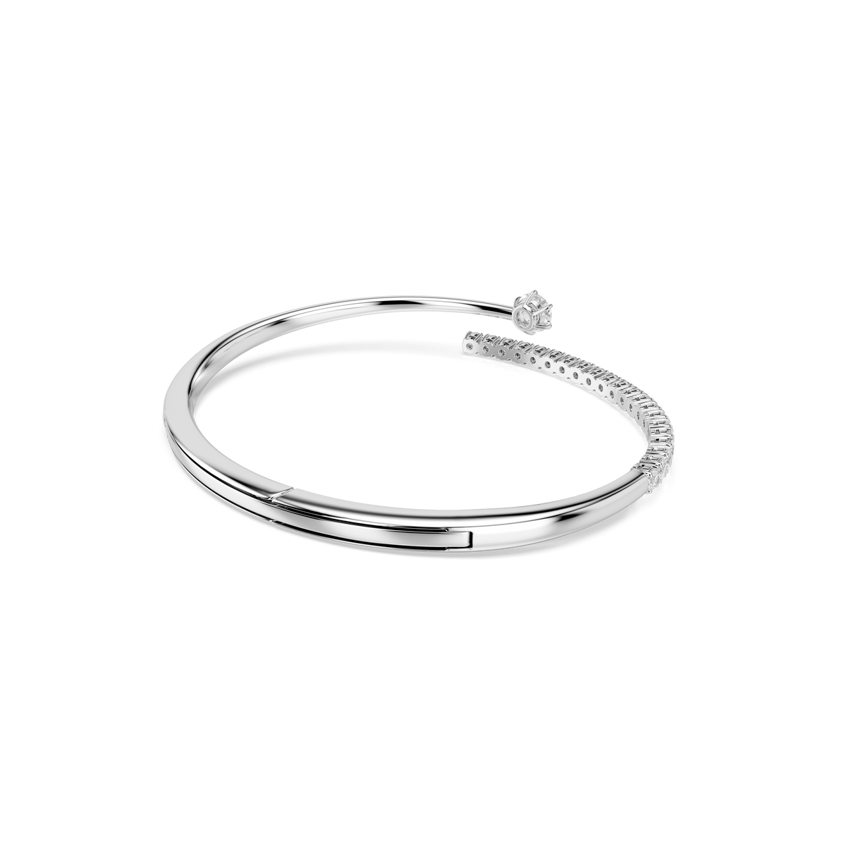 The Swarovski Matrix bangle, crafted in rhodium plating, features a sophisticated DNA-inspired helix design with a row of small clear stones on one side and a single round-cut white Swarovski Zirconia at the open end. Displayed against a plain white background, this elegant piece by Swarovski offers a unique and modern jewelry touch.
