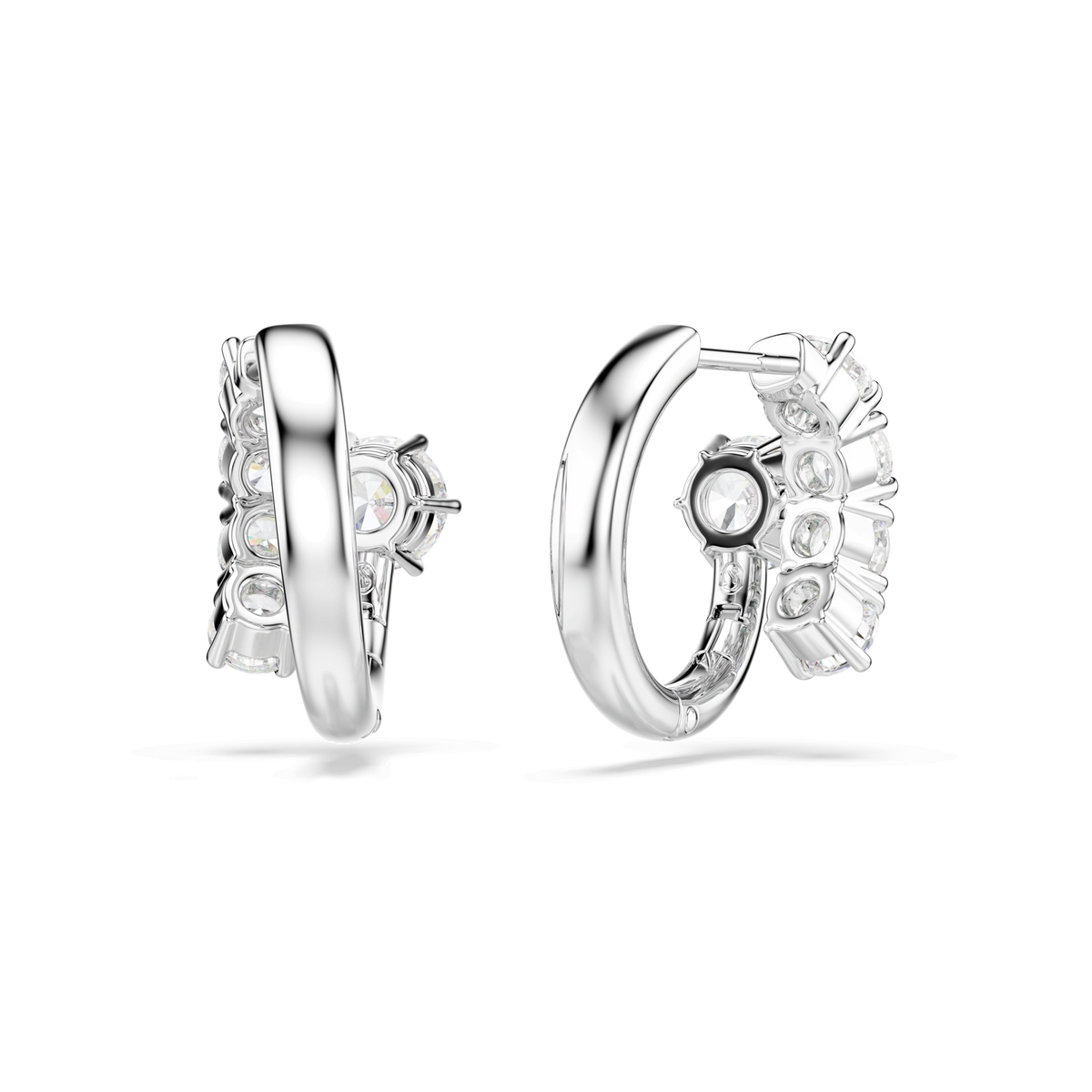 A pair of Swarovski Matrix hoop earrings, featuring round-cut white Swarovski Zirconia set along the outer edge and finished with rhodium plating, displayed on a plain white background.
