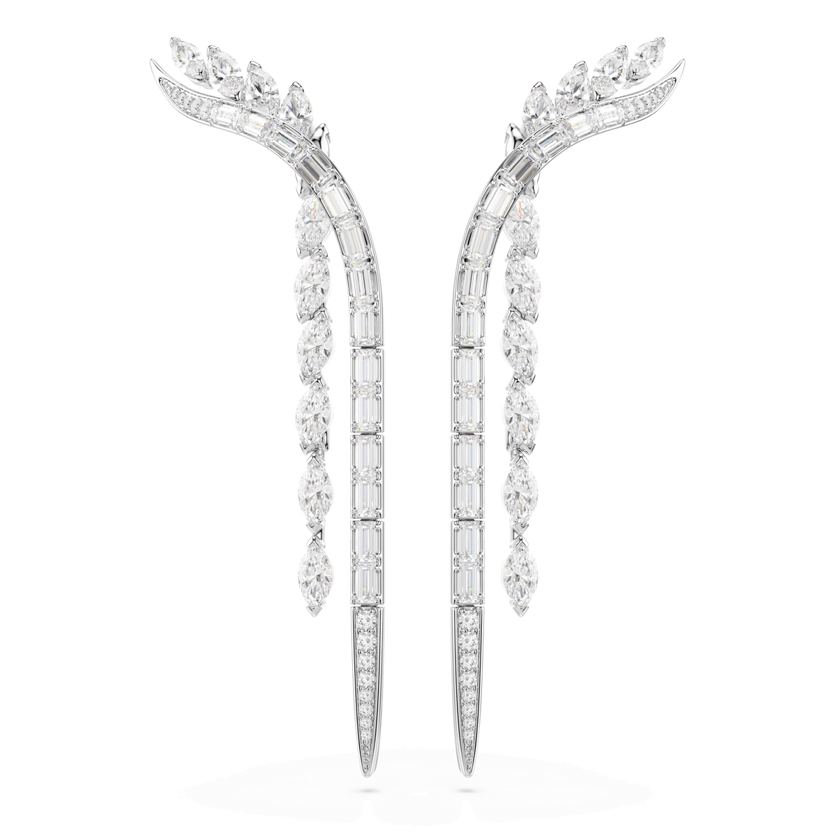 Swarovski Mesmera earrings by Swarovski feature a striking wrap-around style with leaf-inspired designs and cascading rows of dazzling white mixed-cut gemstones, beautifully showcased on a white background—an ideal statement jewelry piece for any occasion.