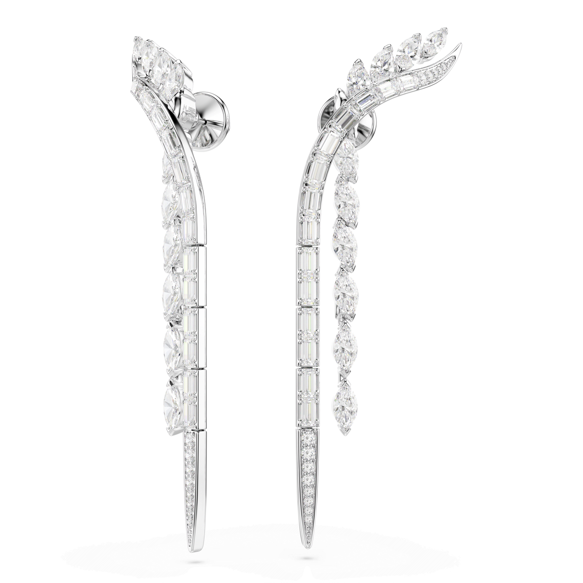 Two silver-tone Swarovski Mesmera earrings featuring a wrap-around style with a curved, elongated silhouette, embellished with multiple clear mixed-cut stones arranged in a striking gradient pattern, displayed against a white background. These rhodium plated Swarovski earrings are the perfect statement jewelry piece for any collection.