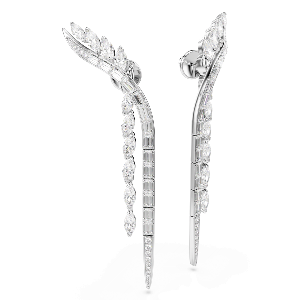 A pair of Swarovski Mesmera earrings by Swarovski, crafted in rhodium-plated metal with mixed-cut white stones, feature an elongated leaf-shaped design adorned with sparkling gemstones in a flowing, intricate pattern. These modern and luxurious statement earrings stand out beautifully against a crisp white background.