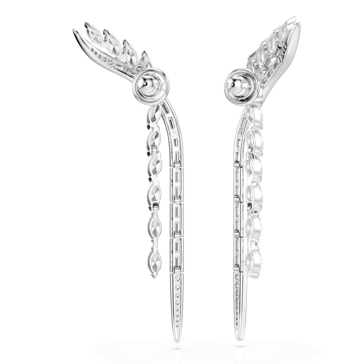 The Swarovski Mesmera earrings by Swarovski showcase intricate, wing-inspired designs with a mix of marquise and round clear gemstones arranged along elegant curves and lines. These striking, rhodium-plated statement earrings, in a wrap-around style, are beautifully displayed on a white background.
