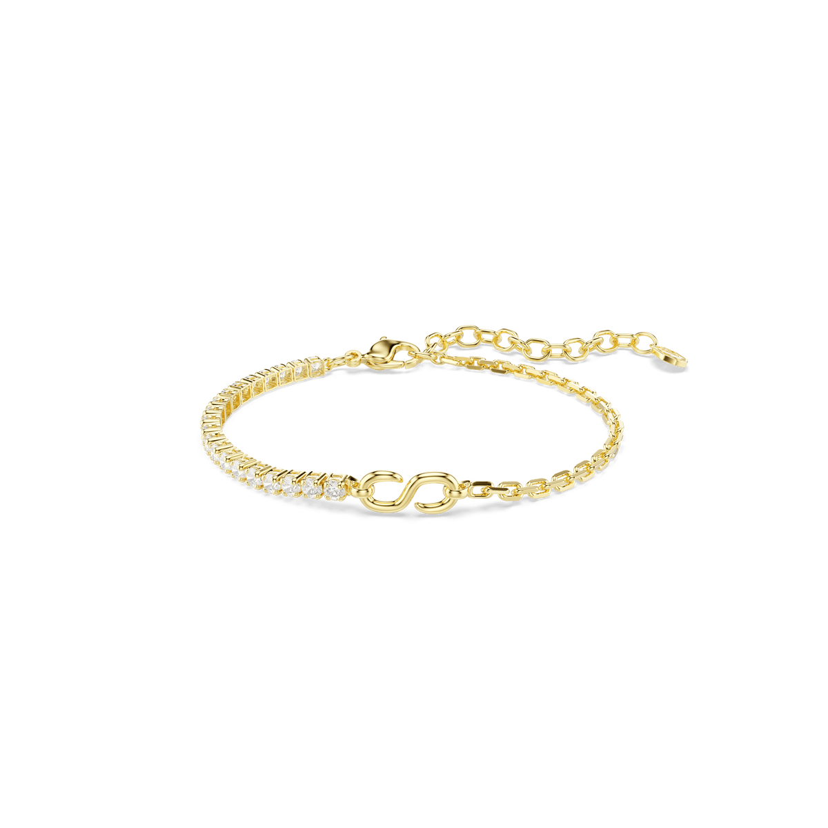 Swarovski Matrix bracelet, Round cut, White, 18K gold finish by Swarovski. This elegant bracelet features a central infinity motif adorned with sparkling Swarovski Zirconia and small clear gemstones along part of the chain. The sophisticated design, inspired by elegant DNA patterns, includes an adjustable clasp for a perfect fit. Shown on a plain white background.