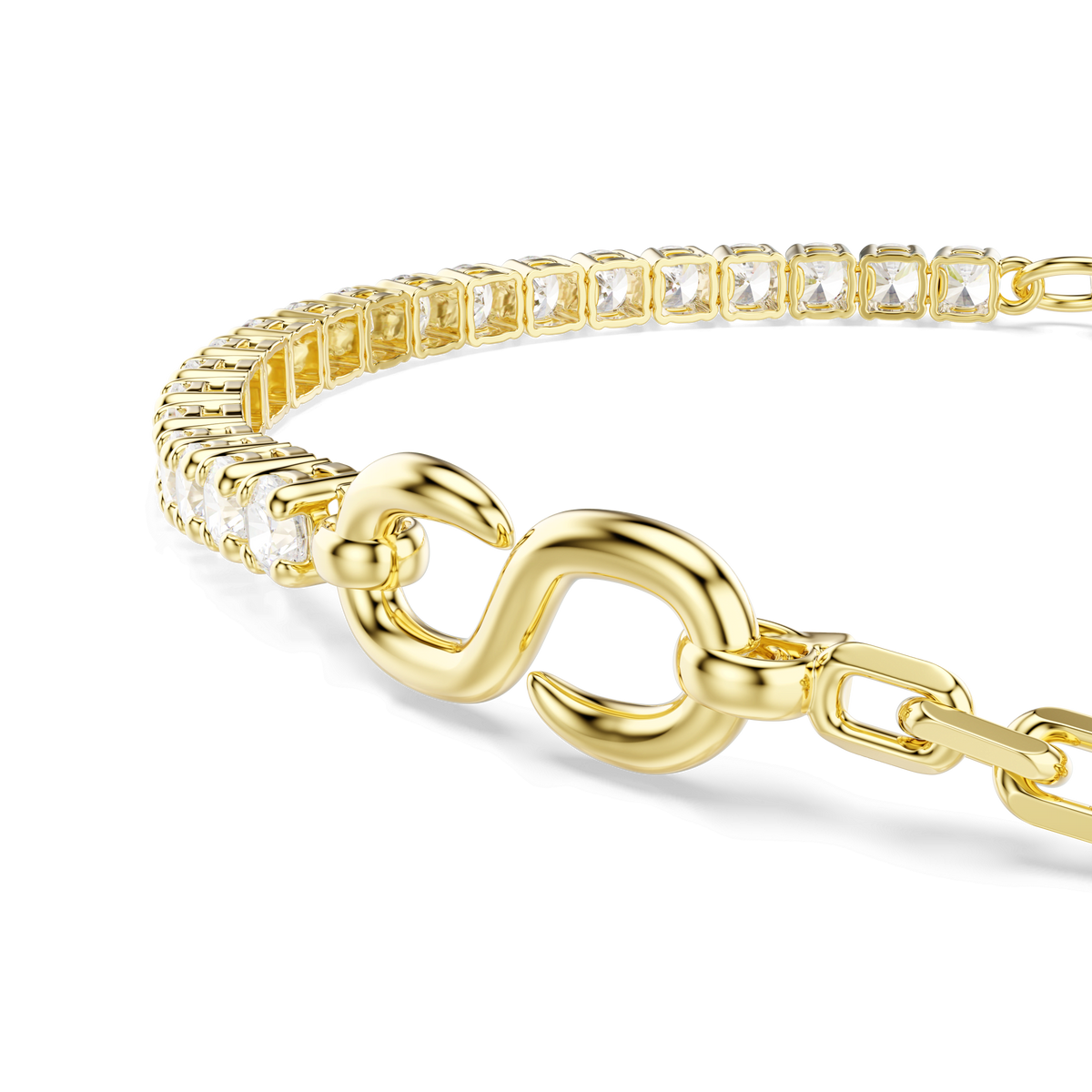 Close-up of the Swarovski Matrix bracelet, showcasing its elegant DNA-inspired design with a row of round-cut white Swarovski Zirconia gemstones set along an 18K gold finish band, displayed against a plain white background.