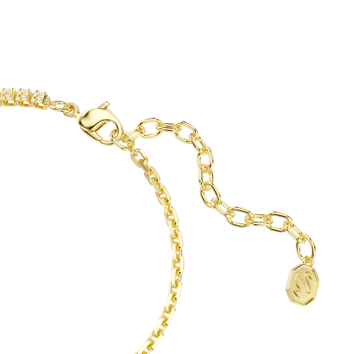 A close-up of the Swarovski Matrix bracelet, showcasing its round-cut detailing and elegant DNA-inspired design in an 18K gold finish, with a lobster clasp and an adjustable extension ending in a small, engraved hexagonal charm—all set against a white background.