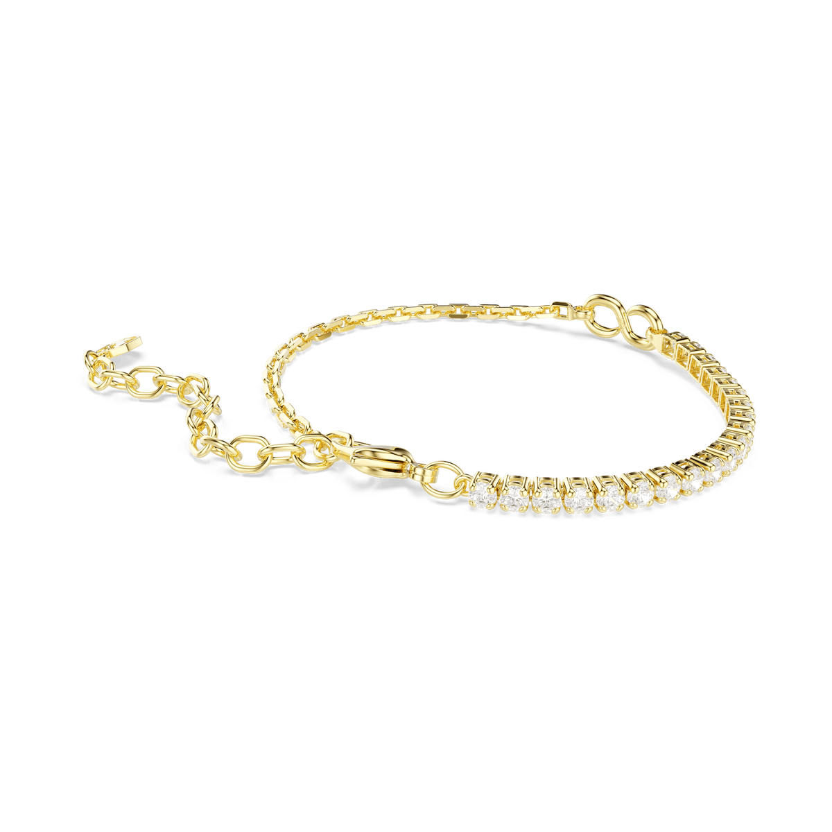 A delicate Swarovski Matrix bracelet with an 18K gold finish, featuring round-cut white Swarovski Zirconia and an adjustable clasp, displayed on a white background.